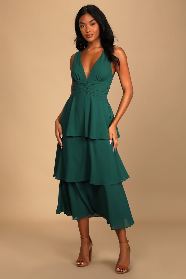 Emerald Green V-Neck Dress - Tiered Midi Dress - Sleeveless Dress