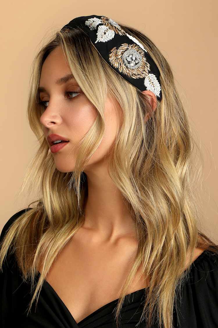 Black Bead Embroidered Headband Hair Bands Bow Tie Knot Headband Hairband Embroidery Retro  main image 4