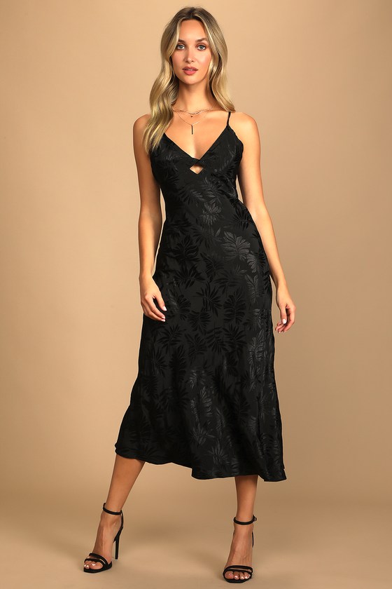 Vacation Views Black Jacquard Twist-Front Midi Dress
