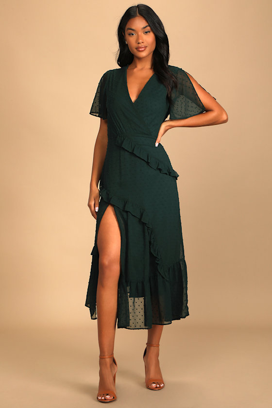 Next to You Emerald Green Swiss Dot Ruffled Midi Dress 6