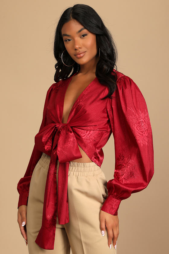 Highly Iconic Wine Red Satin Jacquard Tie-Front Crop Top 4