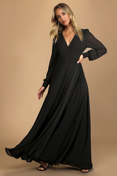 My Whole Heart Black Long Sleeve Wrap Dress