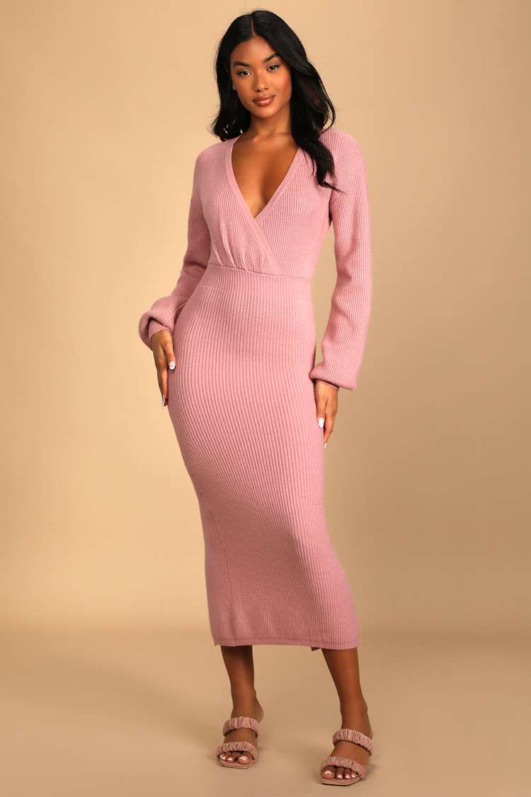 Joyfully Cozy Blush Pink Long Sleeve Midi Sweater Dress Joyfully Cozy Blush Pink Long Sleeve Midi Sweater Dress