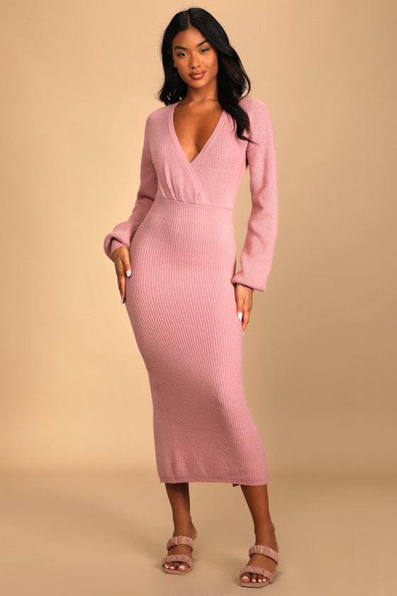 Joyfully Cozy Blush Pink Long Sleeve Midi Sweater Dress 5