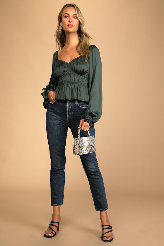 Sophisticate Dark Green Satin Ruched Long Sleeve Top - thumbnail 4