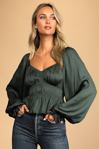Sophisticate Dark Green Satin Ruched Long Sleeve Top 4