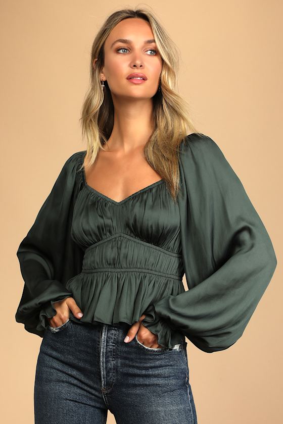 Sophisticate Dark Green Satin Ruched Long Sleeve Top 4