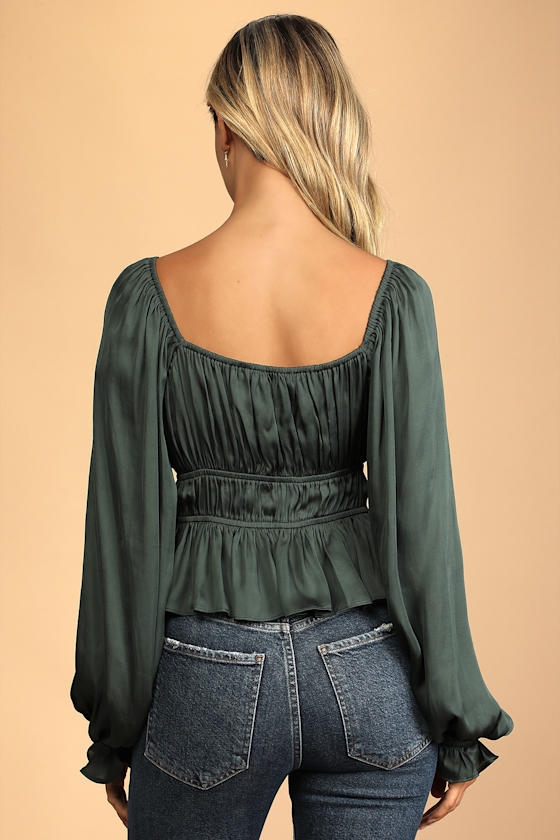 Sophisticate Dark Green Satin Ruched Long Sleeve Top - thumbnail 5