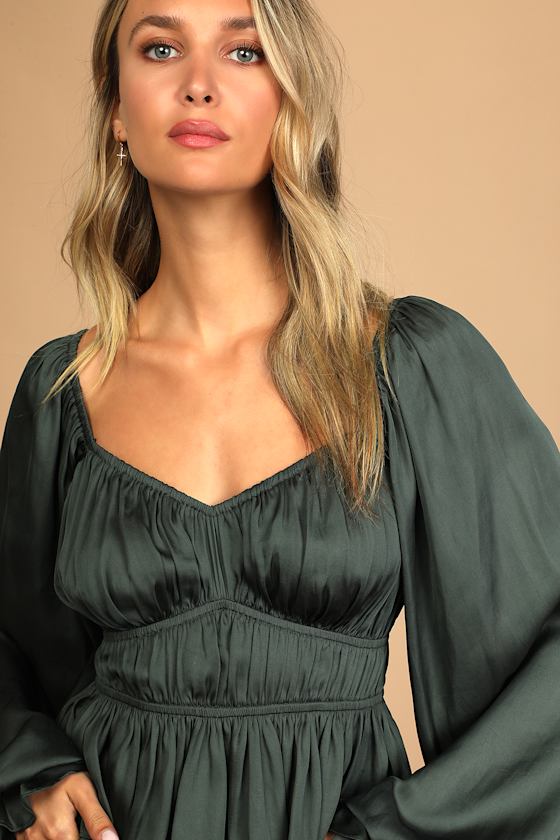 Sophisticate Dark Green Satin Ruched Long Sleeve Top - thumbnail 6