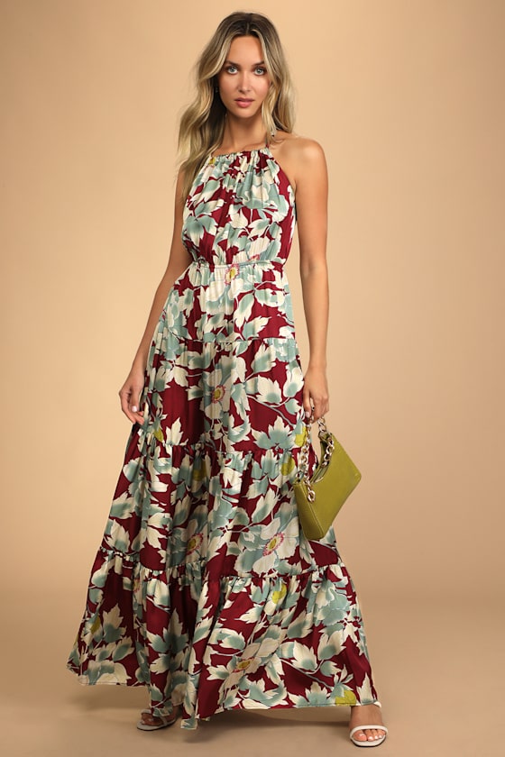 Heat Wave Babe Burgundy Floral Print Tie-Back Tiered Maxi Dress