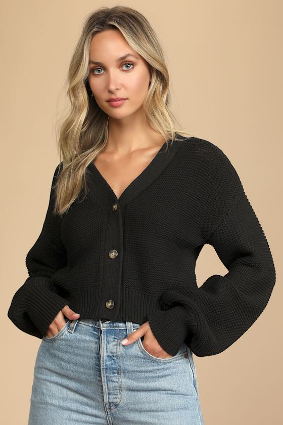 That Cozy Feeling Black Knit Button-Up Cropped Cardigan 4