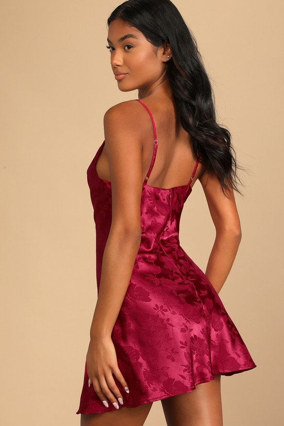 Wine Red Slip Dress - Cowl Neck Slip Dress - Floral Satin