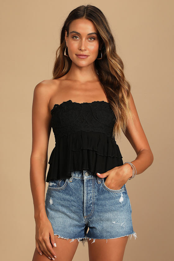 Adella Corset Cami Black Lace Tiered Strapless Crop Top 4