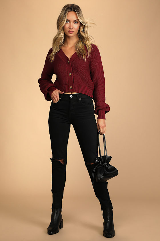 That Cozy Feeling Burgundy Knit Button-Up Cropped Cardigan 5