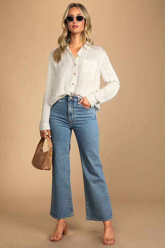 Casual Conversations Ivory Striped Button-Up Long Sleeve Top 5