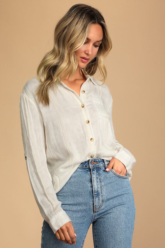 Casual Conversations Ivory Striped Button-Up Long Sleeve Top 4