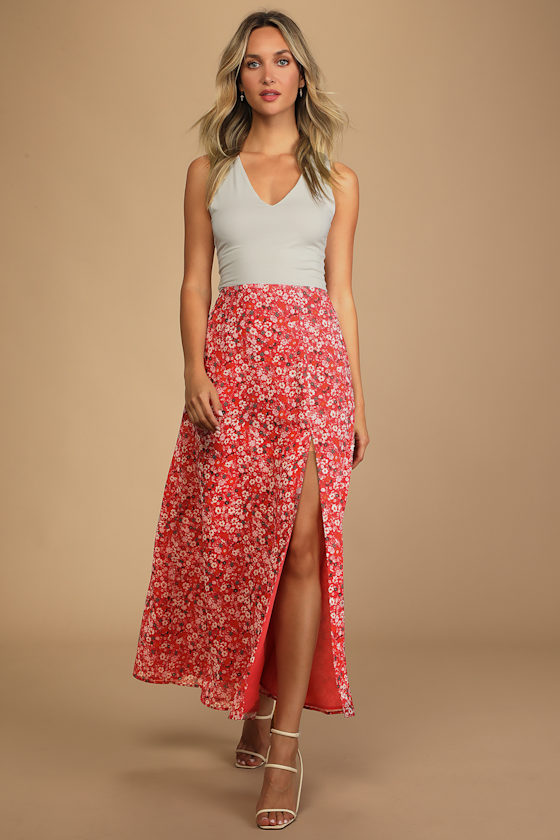 Get Ready to Bloom Red Floral Print Maxi Skirt 5