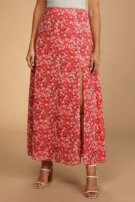 red patterned maxi skirt