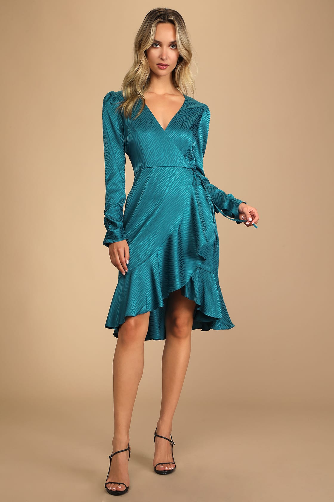 Flair for Drama Teal Blue Satin Jacquard Faux Wrap Midi Dress