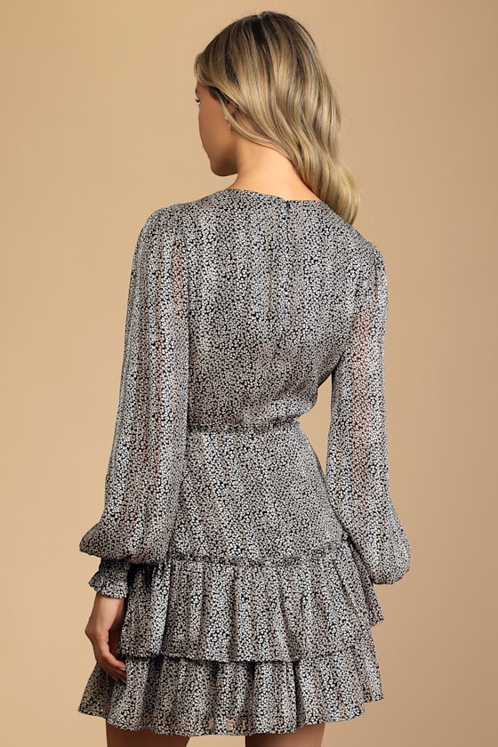 Navy Blue Floral Print Dress - Floral Mini Dress - Ruffled Dress - Lulus