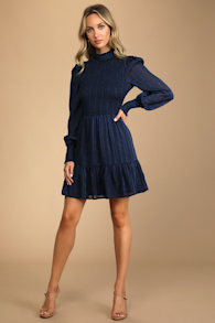Heartful Romance Navy Striped Smocked Long Sleeve Mini Dress 5