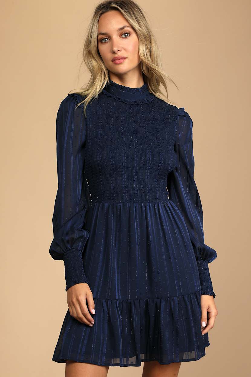 Navy Striped Smocked Long Sleeve Mini Dress | Womens | X-Large (Available in M, L) | 100% Polyester | Lulus | Holiday Dresses