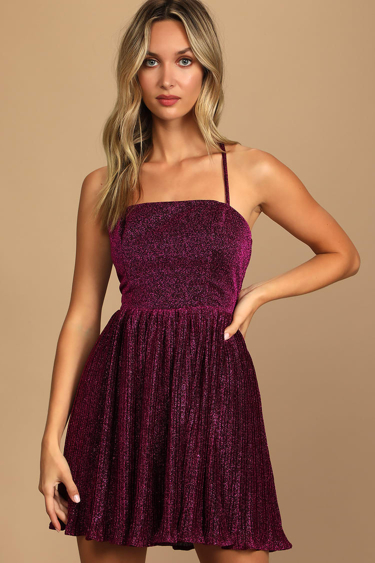Magenta Sparkly Mini Dress - Glitter Skater Dress - Lace-Up Dress - Lulus