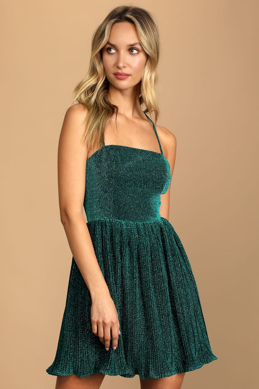 Teal Blue Sparkly Lace-Up Pleated Skater Dress | Womens | X-Large (Available in XS, S, M, L) | 100% Polyester | Lulus | Dresses | Some Stretch