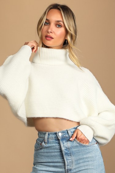 Softly Sultry White Cropped Turtleneck Sweater