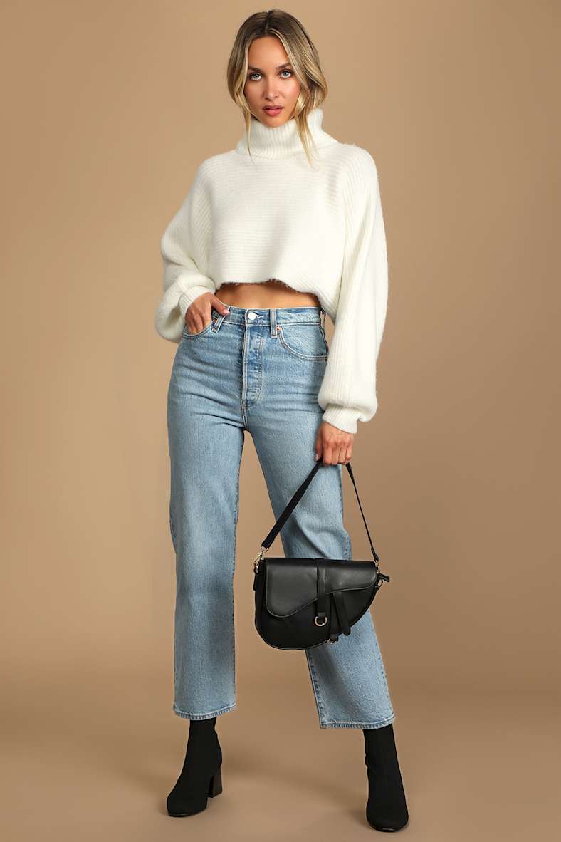 Softly Sultry White Cropped Turtleneck Sweater