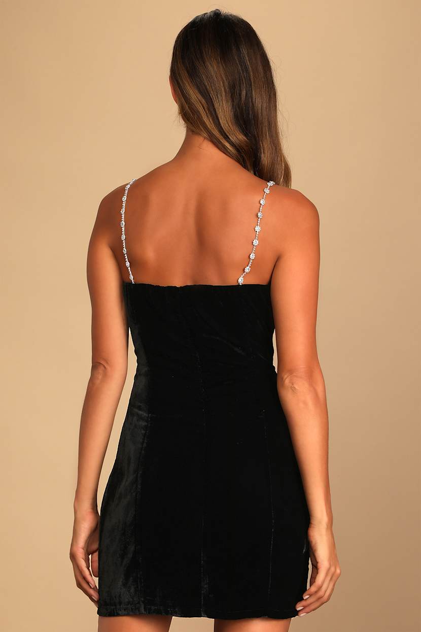 Black Velvet Dress - Rhinestone Strap Dress - Velvet Mini Dress - Lulus