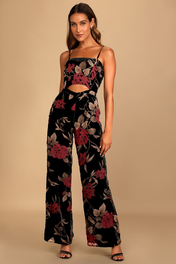 Fall Florals Black Floral Print Burnout Velvet Wide-Leg Jumpsuit 6