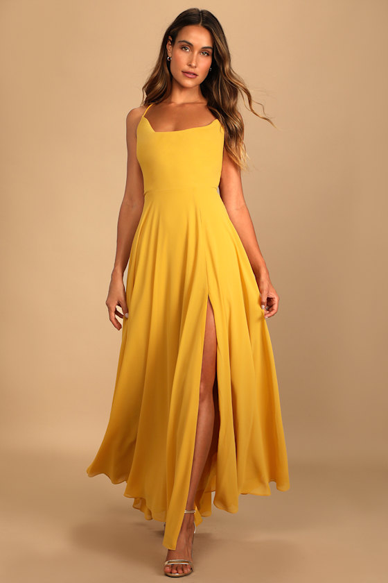 Romantically Speaking Mustard Yellow Cowl Lace-Up Maxi Dress 1