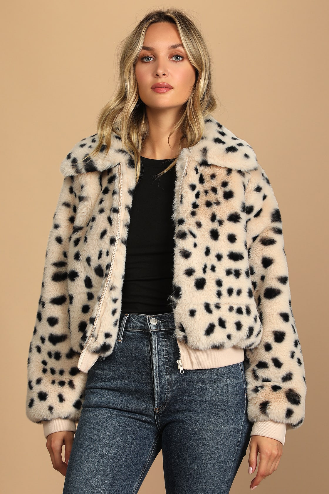 Faux Real Ivory Dot Print Faux Fur Bomber Jacket