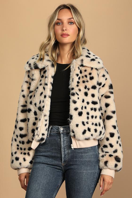 Faux Real Ivory Dot Print Faux Fur Bomber Jacket 4