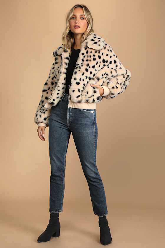 Faux Real Ivory Dot Print Faux Fur Bomber Jacket 5