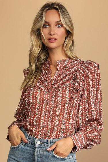 Evermore Rust Floral Print Ruffled Button-Up Top