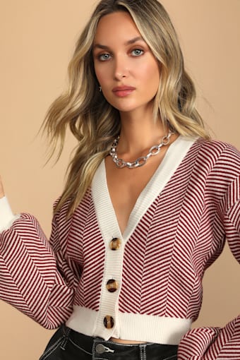 Here Comes a Holiday Red and White Striped Button-Up Cardigan 1