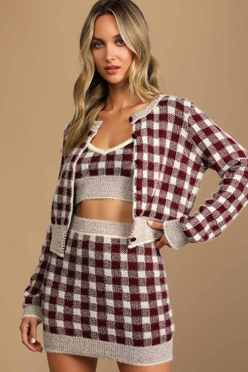burgundy gingham dress Burgundy Gingham Square Neck Ruffle Midi Dress main image 0