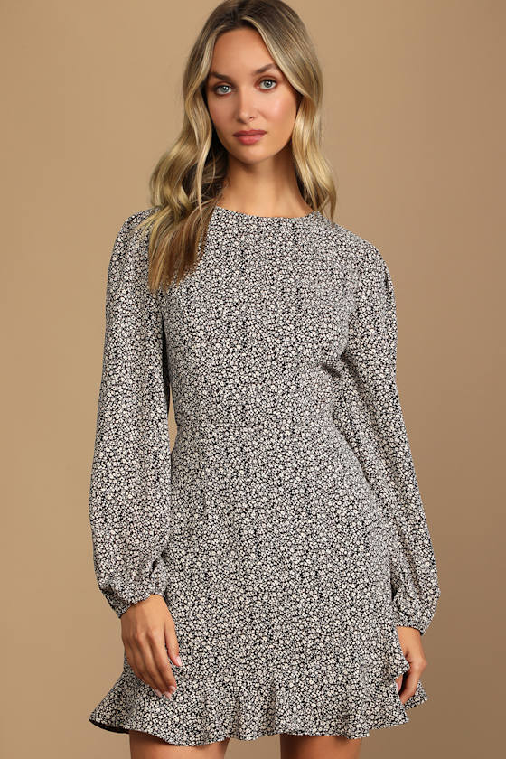 How Your Garden Grows Black Floral Print Long Sleeve Mini Dress 6