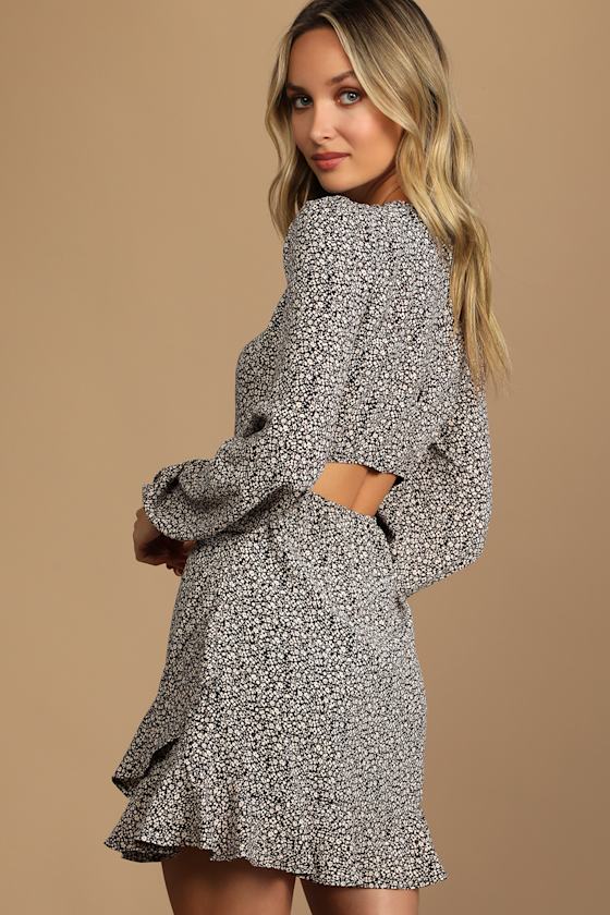 How Your Garden Grows Black Floral Print Long Sleeve Mini Dress 2