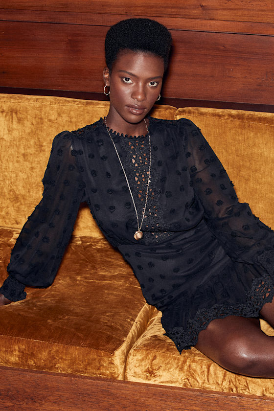 Chic Black Dress - Embroidered Long Sleeve Dress - Ruffled Dress