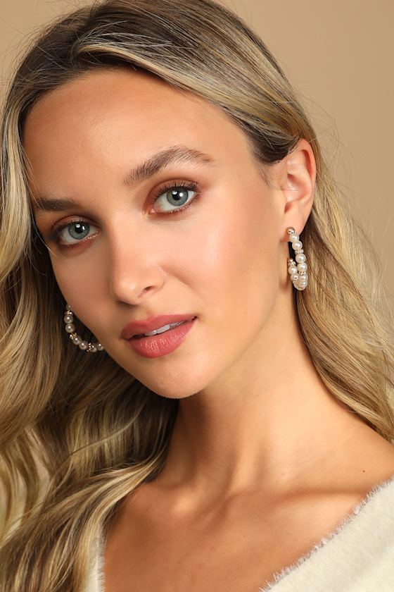 One for All White Pearl Rhinestone Hoop Earrings 1