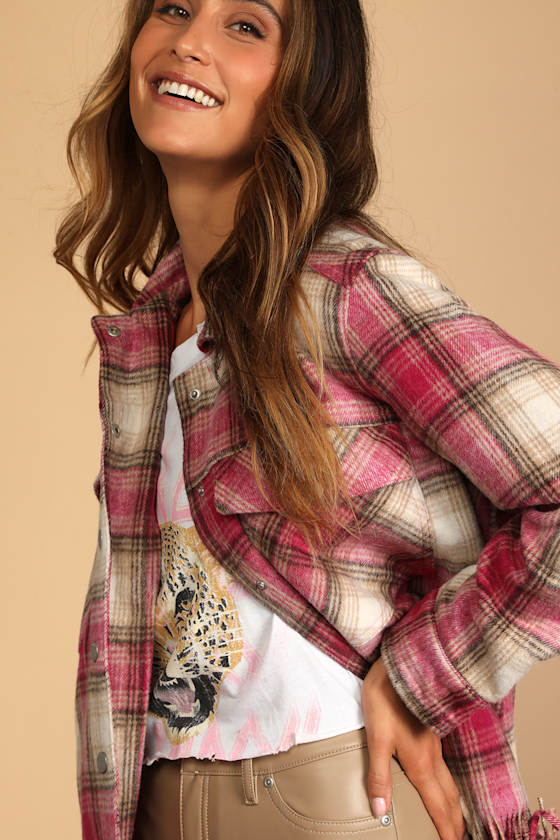 Blank NYC Woodstock Pink Plaid Jacket Fringe Shacket Lulus