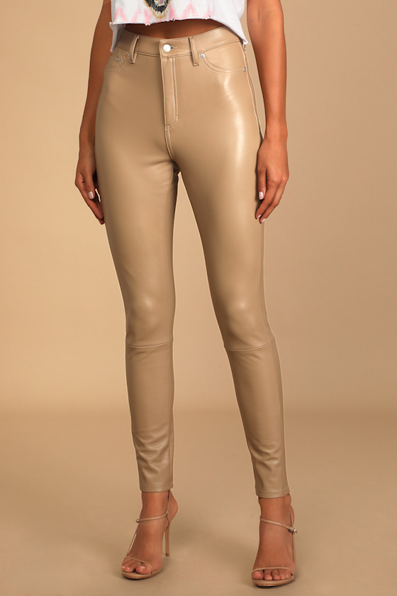 Beige Vegan Leather Pants - Skinny Pants - Faux Leather