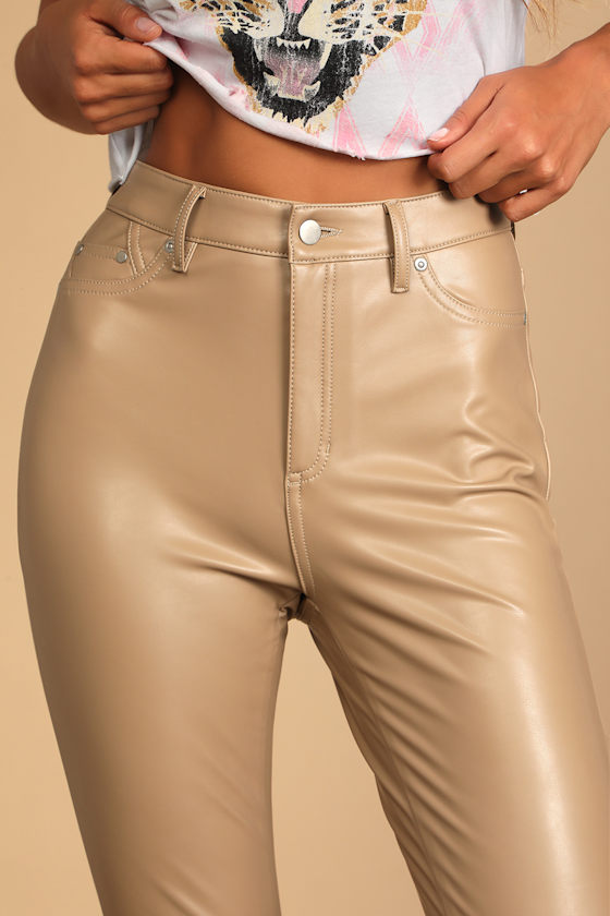 Beige Vegan Leather Pants - Skinny Pants - Faux Leather