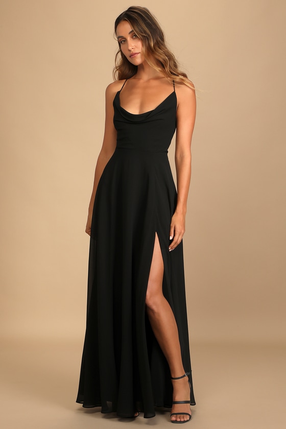 Romantically Speaking Black Cowl Lace-Up Maxi Dress