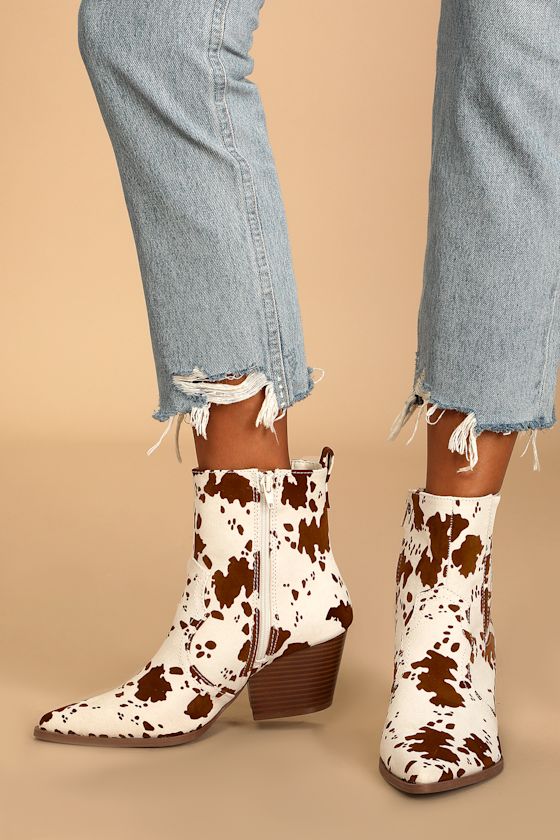 Jessamine Beige and Brown Cow Print Suede Pointed Toe Booties 2