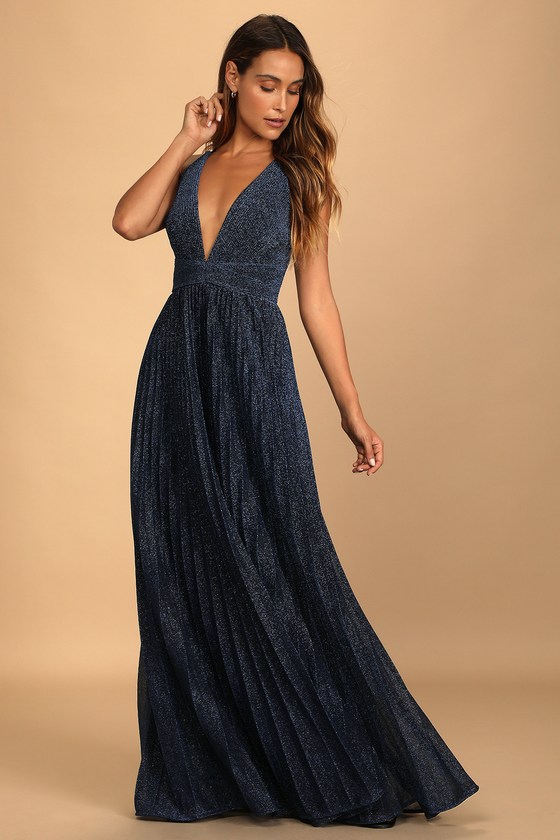 Stunning Blue Sparkly Pleated Maxi Dress