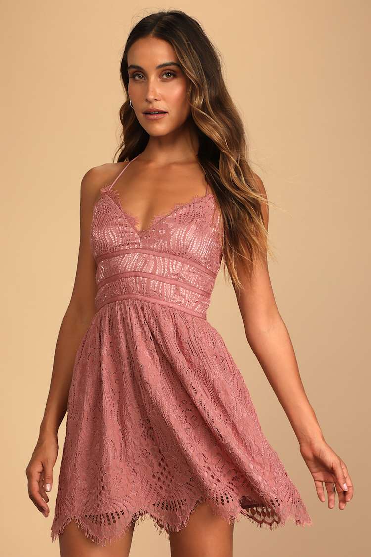 Keep You Captivated Dusty Rose Lace Lace-Up Skater Mini Dress